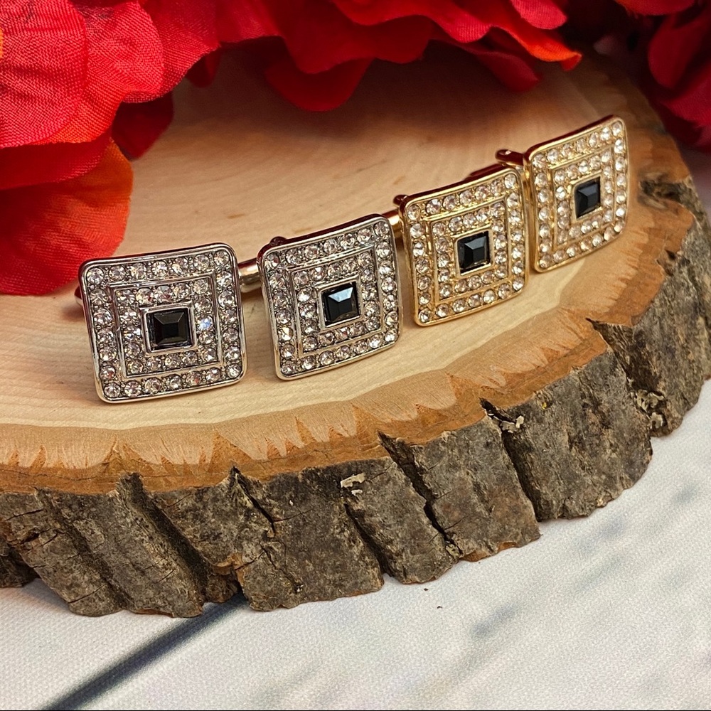 Square Cufflinks with Black & Silver Crystals - Picture 3 of 16